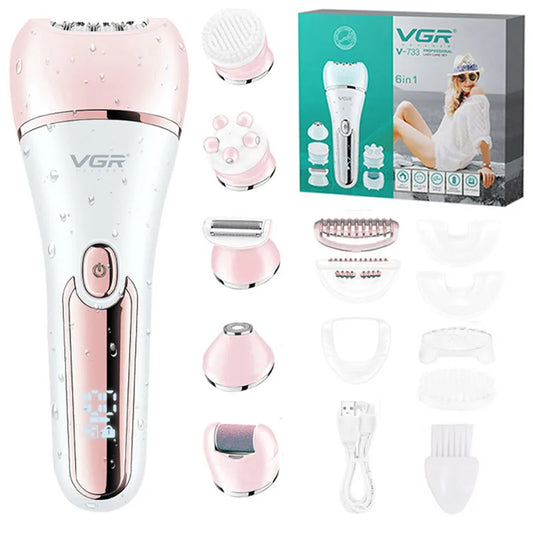 Depiladora Eléctrica 6 en 1 para Mujer — Recargable USB, Impermeable IPX7, 90 min de Uso