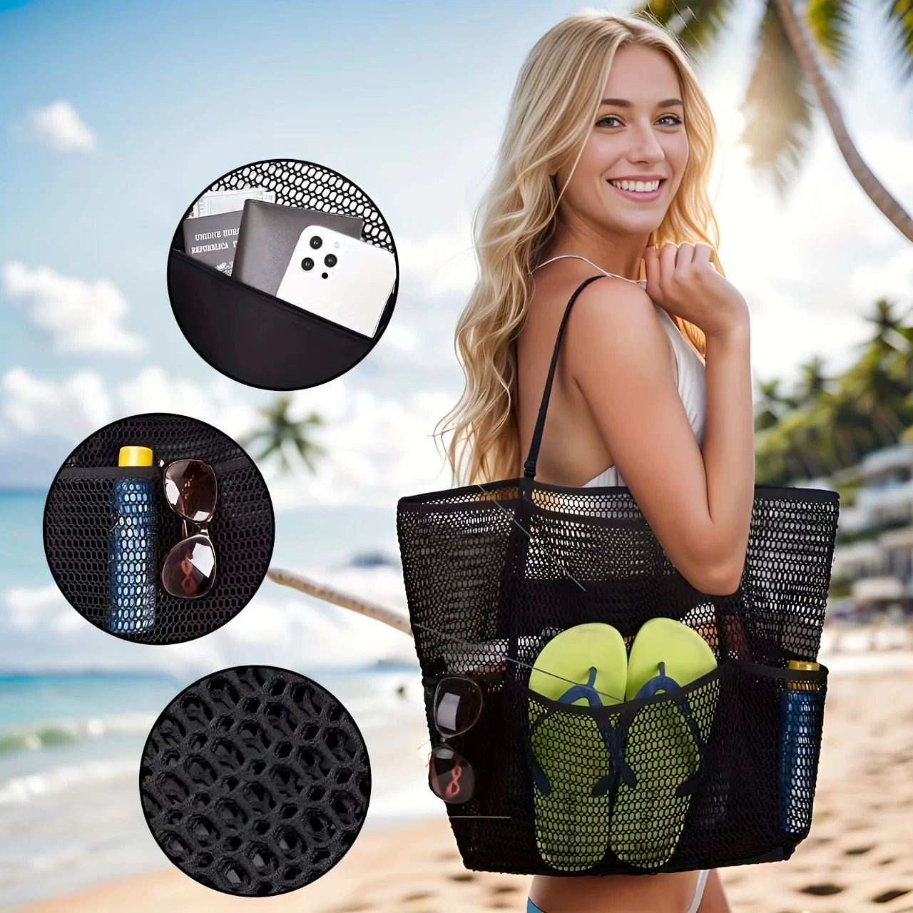 Bolso de Hombro de Gran Capacidad para Mujer – Tejido de Poliéster, Ideal para Playa, Viajes y Compras